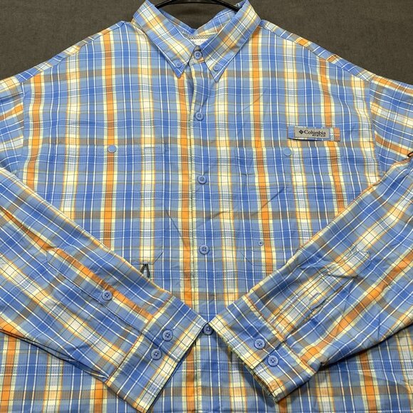 Columbia Mens XL Blue Orange Plaid Long Sleeve Button-Up Shirt Vented Fishing - Picture 4 of 15
